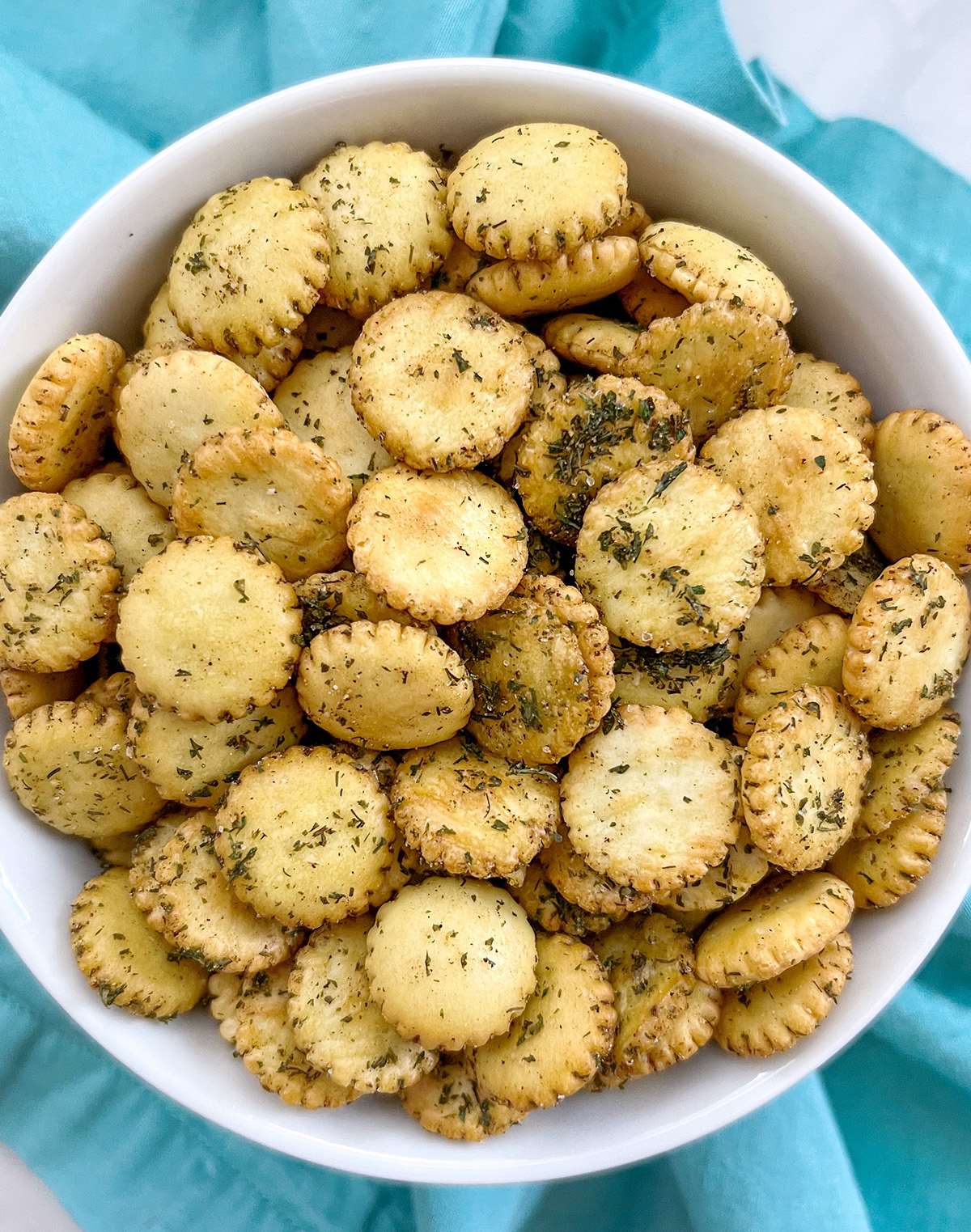 baked ranch oyster crackers in bowl.